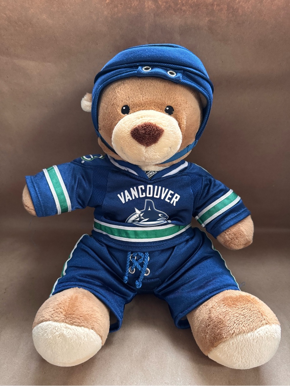 Build-A-Bear Brown Bear in Canucks Uniform and Helmet.
